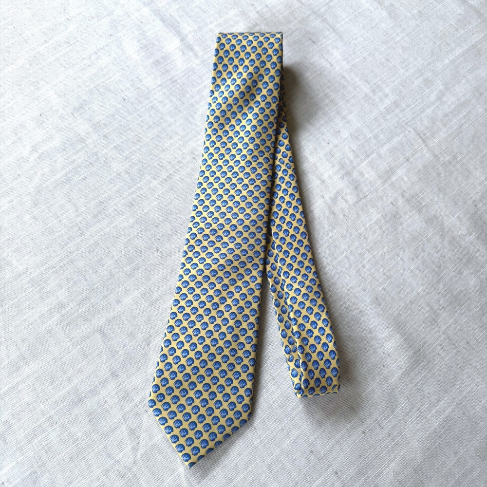 J.Crew Mens Silk Tie Yellow Blue Seashell Nautical Print Necktie